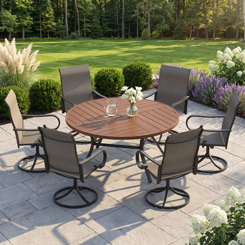 VICLLAX 7-Piece Patio Dining Set, 50/53 inch Round Table with Umbrella Hole and Swivel Rocking Sling Chairs