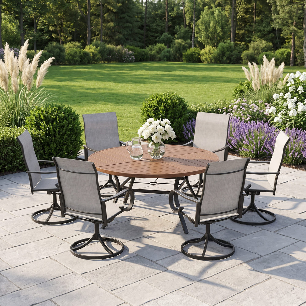 VICLLAX 7-Piece Patio Dining Set, 50/53 inch Round Table with Umbrella Hole and Swivel Rocking Sling Chairs