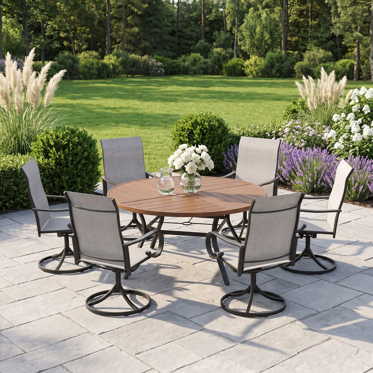 VICLLAX 7-Piece Patio Dining Set, 50/53 inch Round Table with Umbrella Hole and Swivel Rocking Sling Chairs