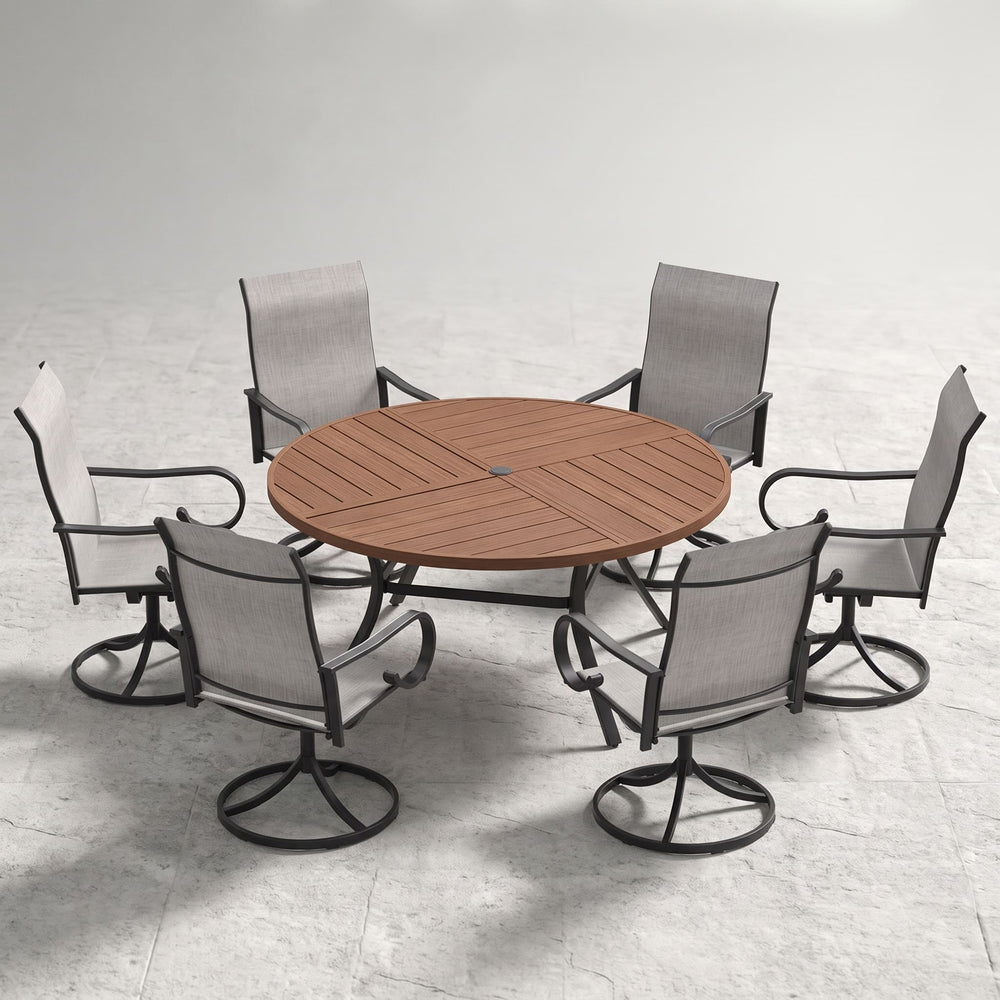 VICLLAX 7-Piece Patio Dining Set, 50/53 inch Round Table with Umbrella Hole and Swivel Rocking Sling Chairs