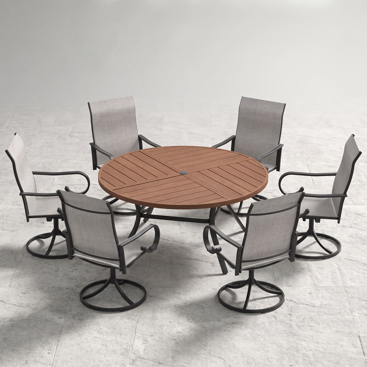 VICLLAX 7-Piece Patio Dining Set, 50/53 inch Round Table with Umbrella Hole and Swivel Rocking Sling Chairs