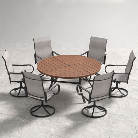 VICLLAX 7-Piece Patio Dining Set, 50/53 inch Round Table with Umbrella Hole and Swivel Rocking Sling Chairs