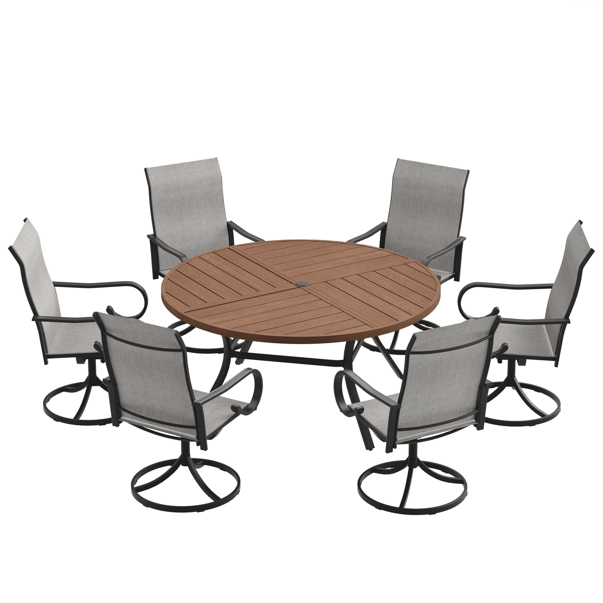 VICLLAX 7-Piece Patio Dining Set, 50/53 inch Round Table with Umbrella Hole and Swivel Rocking Sling Chairs