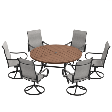 VICLLAX 7-Piece Patio Dining Set, 50/53 inch Round Table with Umbrella Hole and Swivel Rocking Sling Chairs