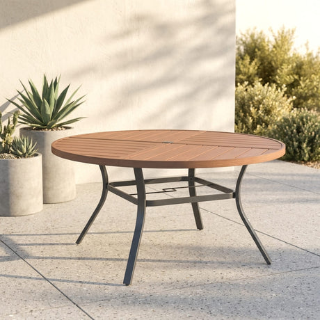 Vicllax 7-Piece Weather-Resistant Outside Dining Furniture - 50" / 53" Round Slat Table with Aria Modern Woven Rope Armchair