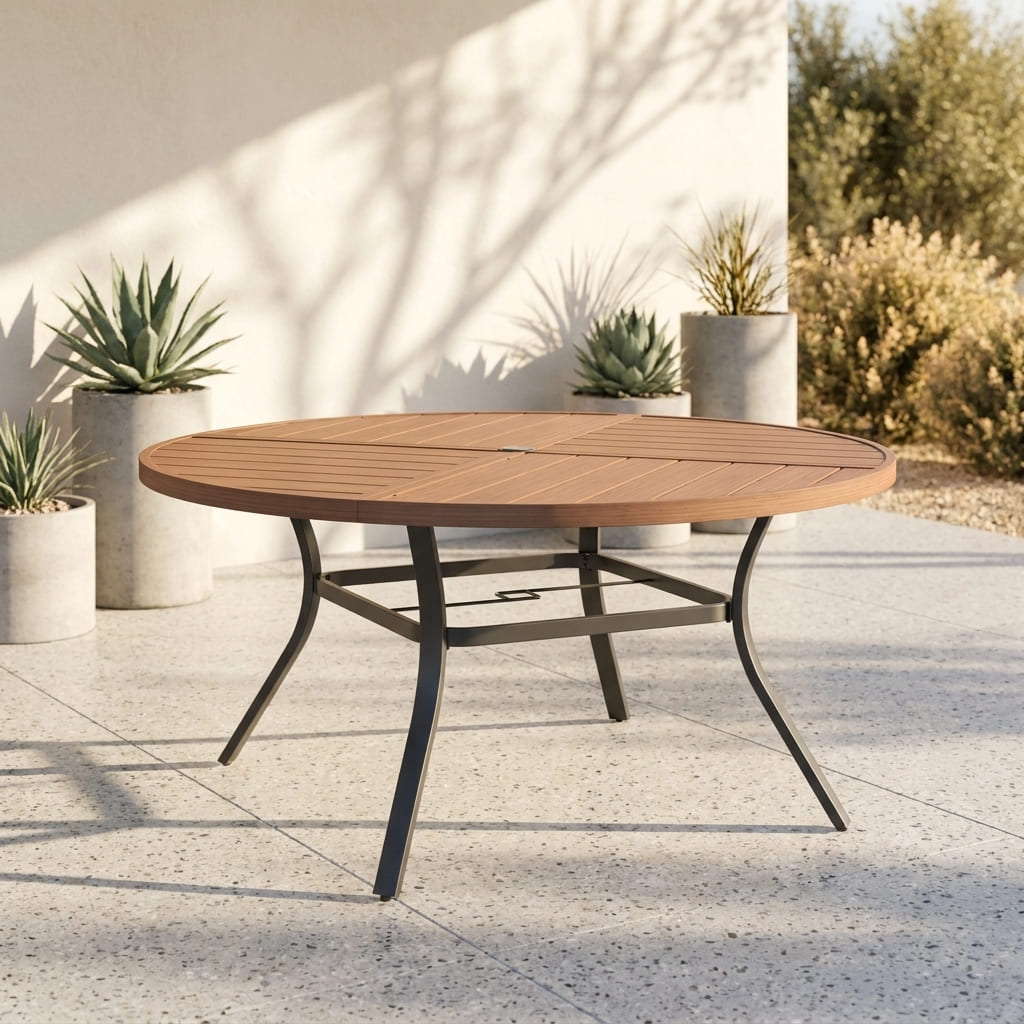 Vicllax 7-Piece Weather-Resistant Outside Dining Furniture - 50" / 53" Round Slat Table with 6 Smooth Synthetic Rattan Cushioned Armchairs for Lawn