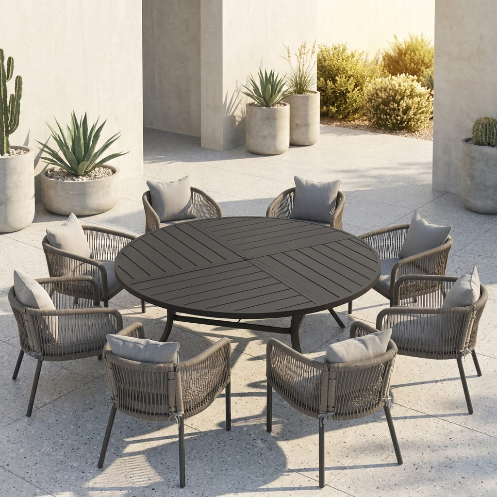 Vicllax 9-Piece Estate Dining Furniture - 60" / 63" Round Parquet Table with 8 Smooth Synthetic Rattan Cushioned Armchairs