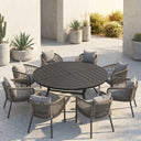 Vicllax 9-Piece Estate Dining Furniture - 60" / 63" Round Parquet Table with 8 Smooth Synthetic Rattan Cushioned Armchairs