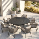 Vicllax 9-Piece Estate Dining Furniture - 60" / 63" Round Parquet Table with 8 Smooth Synthetic Rattan Cushioned Armchairs