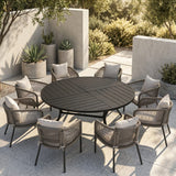Vicllax 9-Piece Estate Dining Furniture - 60" / 63" Round Parquet Table with 8 Smooth Synthetic Rattan Cushioned Armchairs