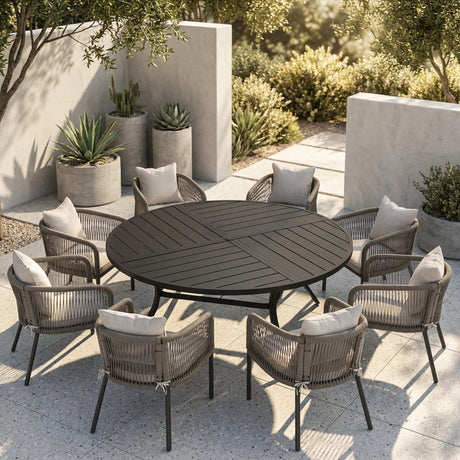 Vicllax 9-Piece Estate Dining Furniture - 60" / 63" Round Parquet Table with Aria Modern Woven Rope Armchair