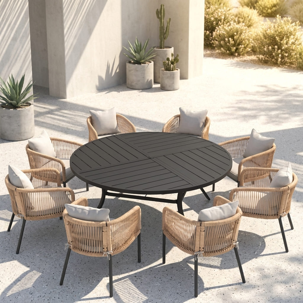 Vicllax 9-Piece Estate Dining Furniture - 60" / 63" Round Parquet Table with 8 Smooth Synthetic Rattan Cushioned Armchairs