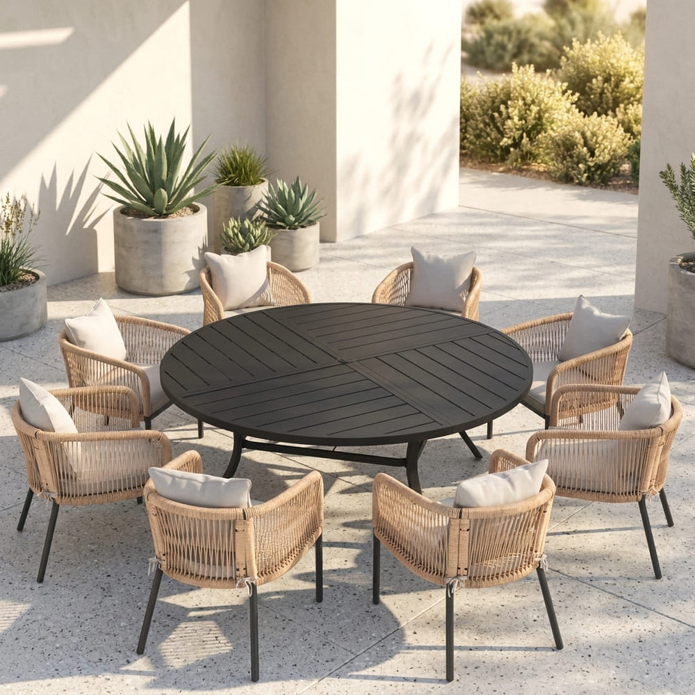 Vicllax 9-Piece Estate Dining Furniture - 60" / 63" Round Parquet Table with 8 Smooth Synthetic Rattan Cushioned Armchairs