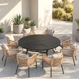 Vicllax 9-Piece Estate Dining Furniture - 60" / 63" Round Parquet Table with 8 Smooth Synthetic Rattan Cushioned Armchairs