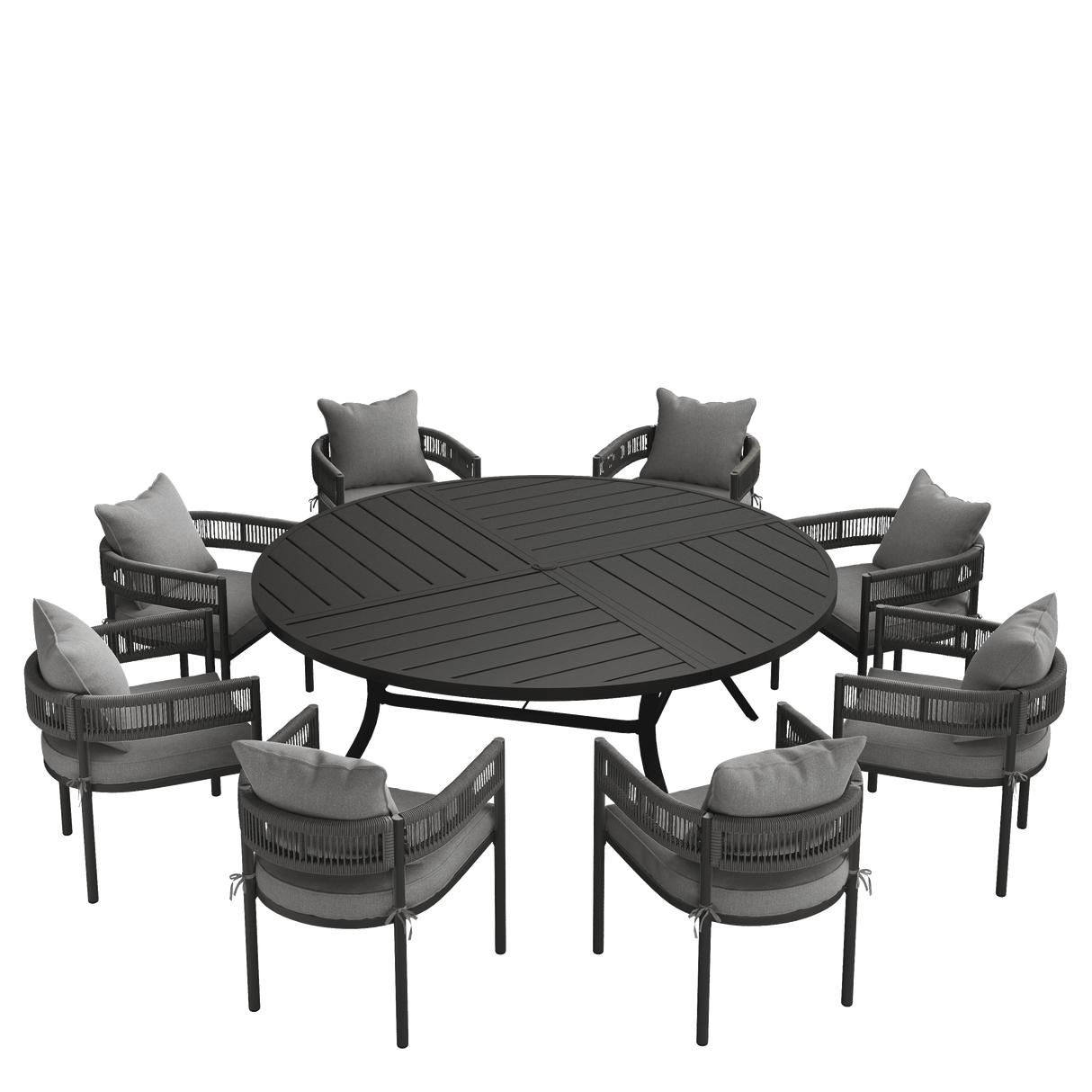 VICLLAX 9-Piece Weather-Resistant Outside Dining Furniture - 60"/63" Round Table with 8 Aria Low-back Outdoor Dining Armchair