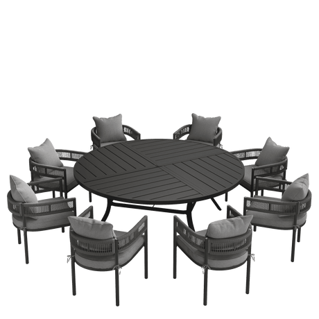 VICLLAX 9-Piece Weather-Resistant Outside Dining Furniture - 60"/63" Round Table with 8 Aria Low-back Outdoor Dining Armchair