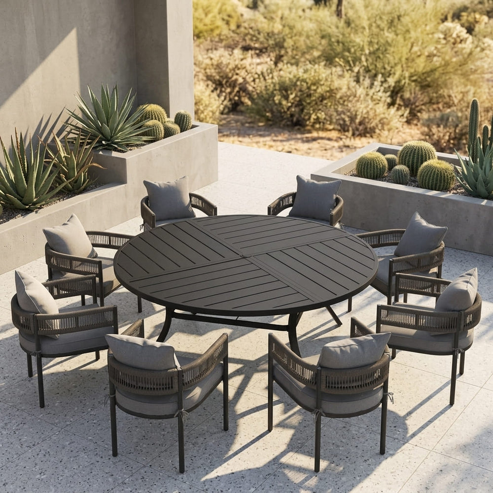 VICLLAX 9-Piece Weather-Resistant Outside Dining Furniture - 60"/63" Round Table with 8 Aria Low-back Outdoor Dining Armchair