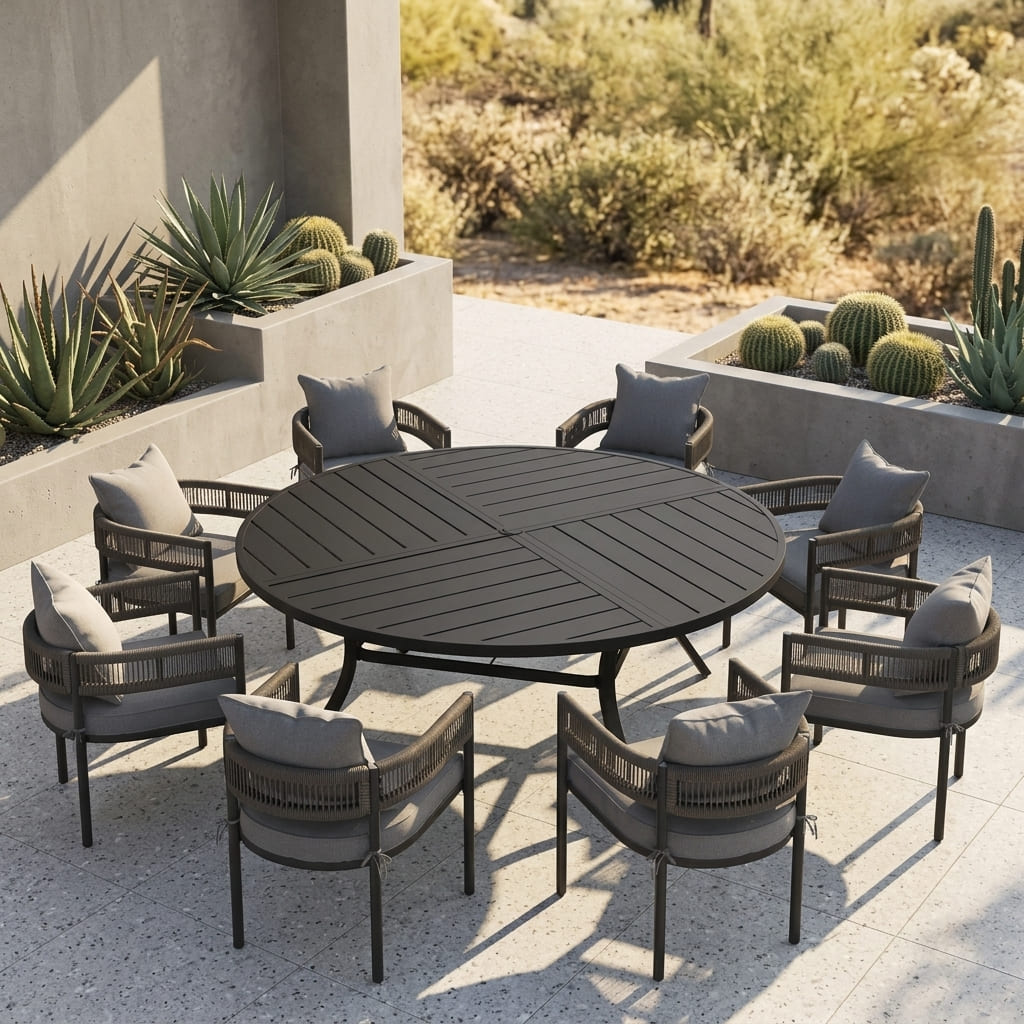 VICLLAX 9-Piece Weather-Resistant Outside Dining Furniture - 60"/63" Round Table with 8 Aria Low-back Outdoor Dining Armchair