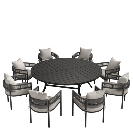 VICLLAX 9-Piece Weather-Resistant Outside Dining Furniture - 60"/63" Round Table with 8 Aria Low-back Outdoor Dining Armchair