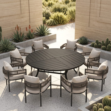 VICLLAX 9-Piece Weather-Resistant Outside Dining Furniture - 60"/63" Round Table with 8 Aria Low-back Outdoor Dining Armchair