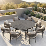 VICLLAX 9-Piece Weather-Resistant Outside Dining Furniture - 60"/63" Round Table with 8 Aria Low-back Outdoor Dining Armchair