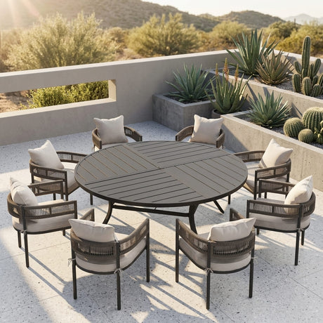 VICLLAX 9-Piece Weather-Resistant Outside Dining Furniture - 60"/63" Round Table with 8 Aria Low-back Outdoor Dining Armchair