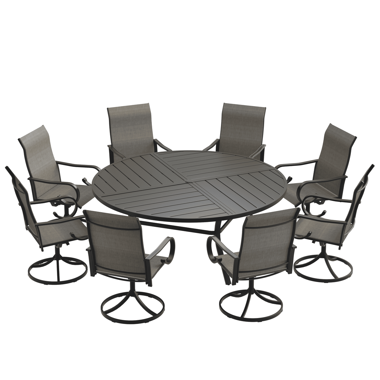 VICLLAX 9-Piece Modern Patio Dining Set, 60/63 inch Round Metal Table with Umbrella Hole and Ergonomic High-back Swivel Rocking Sling Chairs