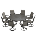 VICLLAX 9-Piece Modern Patio Dining Set, 60/63 inch Round Metal Table with Umbrella Hole and Ergonomic High-back Swivel Rocking Sling Chairs