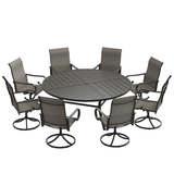 VICLLAX 9-Piece Modern Patio Dining Set, 60/63 inch Round Metal Table with Umbrella Hole and Ergonomic High-back Swivel Rocking Sling Chairs