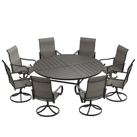 VICLLAX 9-Piece Modern Patio Dining Set, 60/63 inch Round Metal Table with Umbrella Hole and Ergonomic High-back Swivel Rocking Sling Chairs