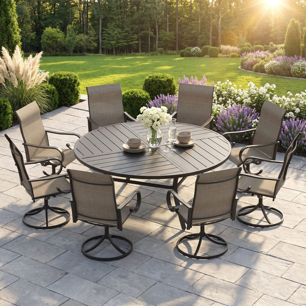 VICLLAX 9-Piece Modern Patio Dining Set, 60/63 inch Round Metal Table with Umbrella Hole and Ergonomic High-back Swivel Rocking Sling Chairs