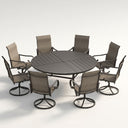VICLLAX 9-Piece Modern Patio Dining Set, 60/63 inch Round Metal Table with Umbrella Hole and Ergonomic High-back Swivel Rocking Sling Chairs