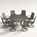 VICLLAX 9-Piece Modern Patio Dining Set, 60/63 inch Round Metal Table with Umbrella Hole and Ergonomic High-back Swivel Rocking Sling Chairs