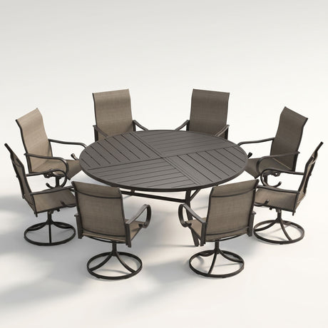 VICLLAX 9-Piece Modern Patio Dining Set, 60/63 inch Round Metal Table with Umbrella Hole and Ergonomic High-back Swivel Rocking Sling Chairs