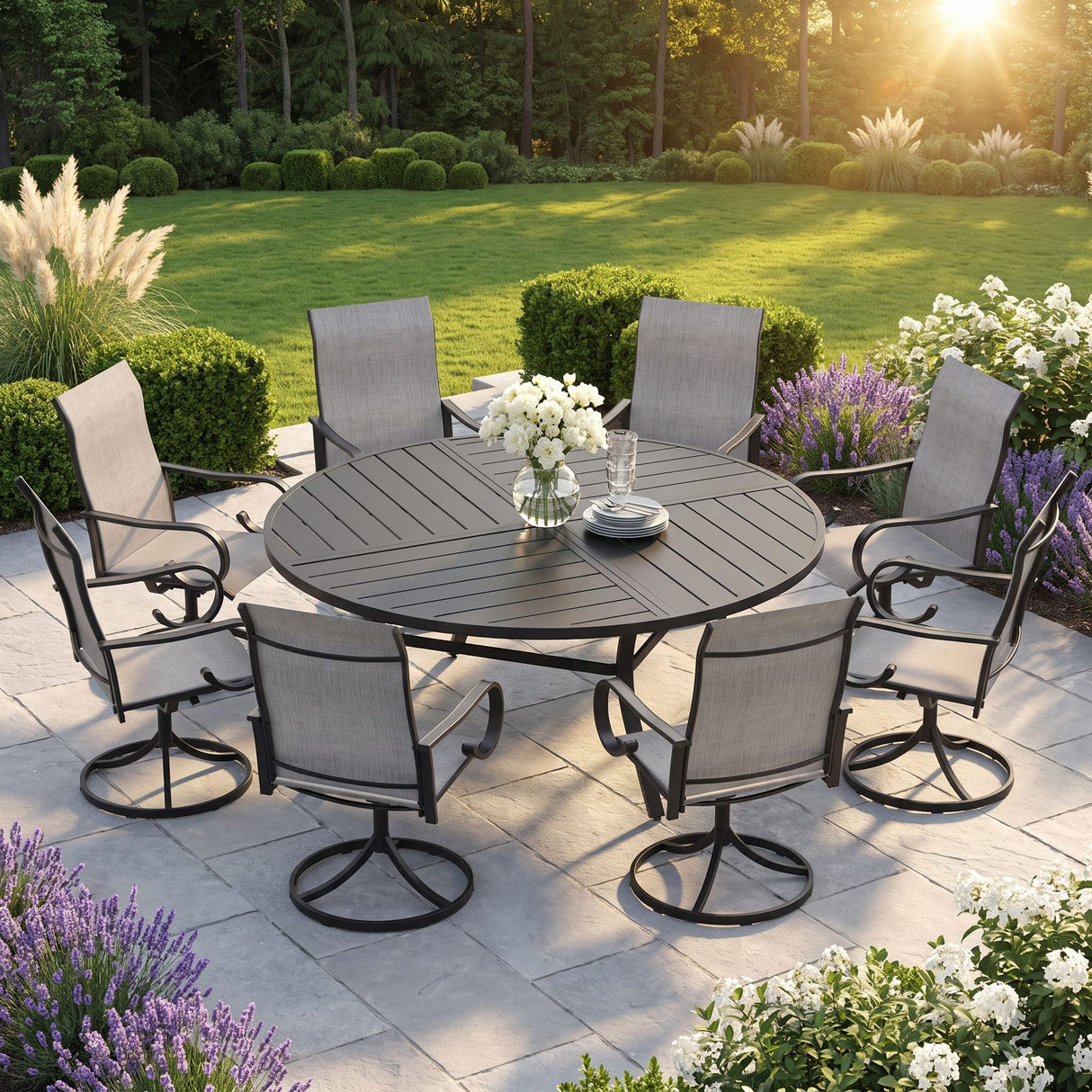 VICLLAX 9-Piece Modern Patio Dining Set, 60/63 inch Round Metal Table with Umbrella Hole and Ergonomic High-back Swivel Rocking Sling Chairs