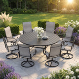 VICLLAX 9-Piece Modern Patio Dining Set, 60/63 inch Round Metal Table with Umbrella Hole and Ergonomic High-back Swivel Rocking Sling Chairs