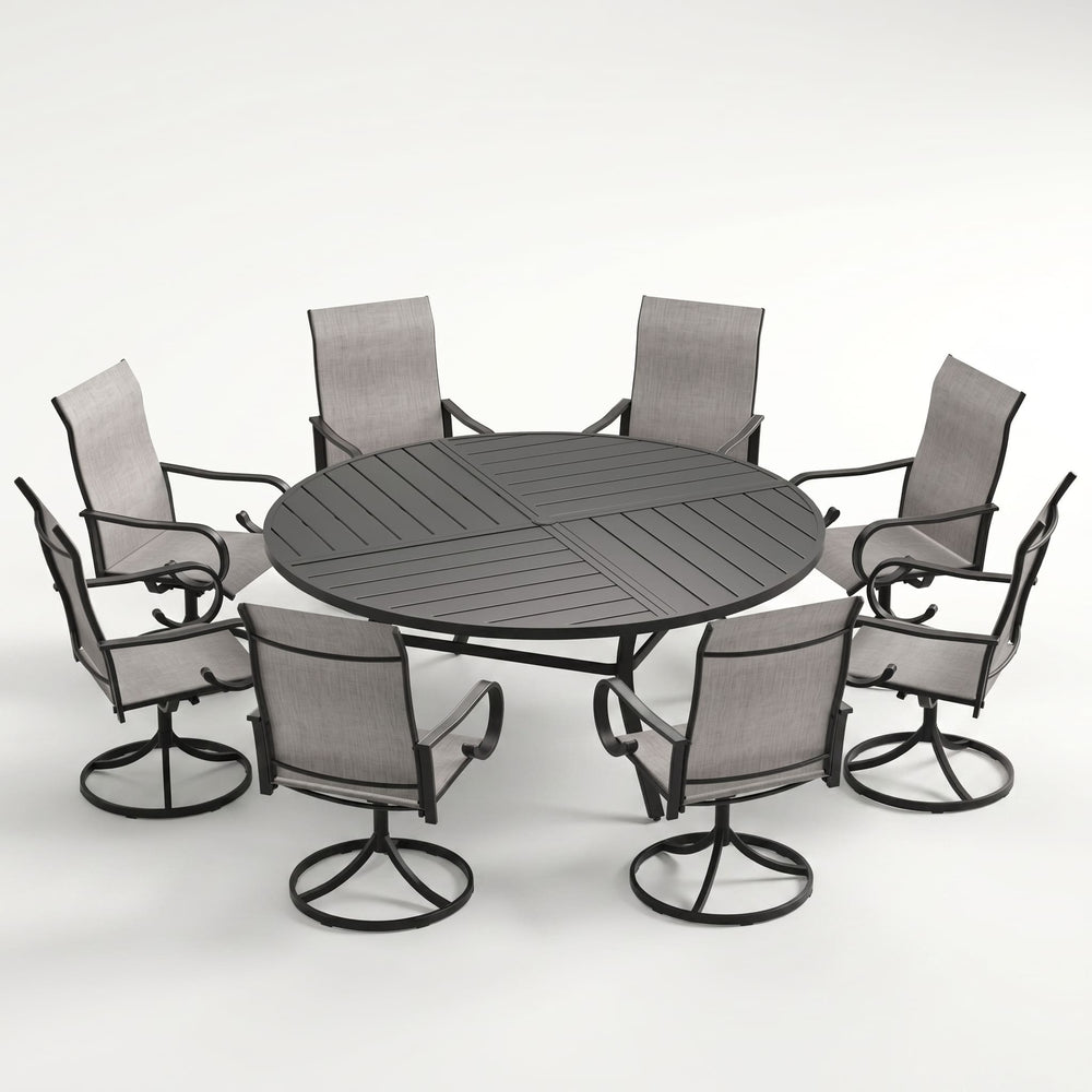 VICLLAX 9-Piece Modern Patio Dining Set, 60/63 inch Round Metal Table with Umbrella Hole and Ergonomic High-back Swivel Rocking Sling Chairs
