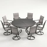 VICLLAX 9-Piece Modern Patio Dining Set, 60/63 inch Round Metal Table with Umbrella Hole and Ergonomic High-back Swivel Rocking Sling Chairs