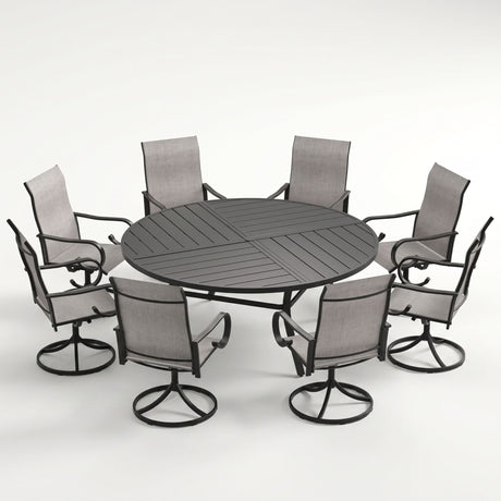 VICLLAX 9-Piece Modern Patio Dining Set, 60/63 inch Round Metal Table with Umbrella Hole and Ergonomic High-back Swivel Rocking Sling Chairs