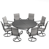 VICLLAX 9-Piece Modern Patio Dining Set, 60/63 inch Round Metal Table with Umbrella Hole and Ergonomic High-back Swivel Rocking Sling Chairs