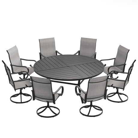 VICLLAX 9-Piece Modern Patio Dining Set, 60/63 inch Round Metal Table with Umbrella Hole and Ergonomic High-back Swivel Rocking Sling Chairs