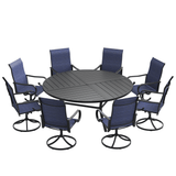 VICLLAX 9-Piece Modern Patio Dining Set, 60/63 inch Round Metal Table with Umbrella Hole and Ergonomic High-back Swivel Rocking Sling Chairs