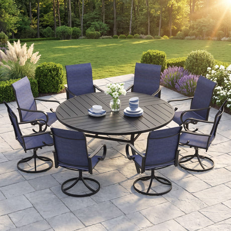 VICLLAX 9-Piece Modern Patio Dining Set, 60/63 inch Round Metal Table with Umbrella Hole and Ergonomic High-back Swivel Rocking Sling Chairs
