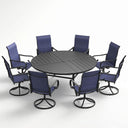 VICLLAX 9-Piece Modern Patio Dining Set, 60/63 inch Round Metal Table with Umbrella Hole and Ergonomic High-back Swivel Rocking Sling Chairs