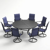 VICLLAX 9-Piece Modern Patio Dining Set, 60/63 inch Round Metal Table with Umbrella Hole and Ergonomic High-back Swivel Rocking Sling Chairs