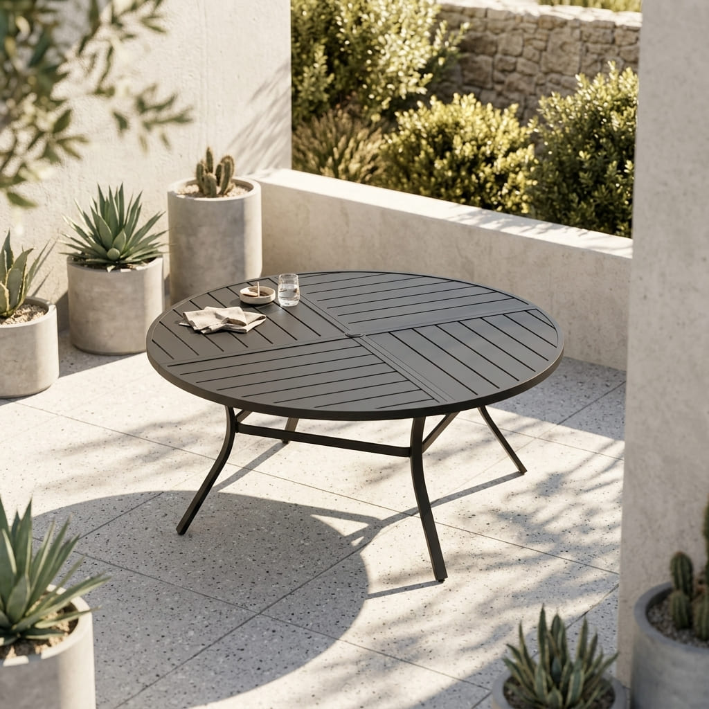 Vicllax 9-Piece Estate Dining Furniture - 60" / 63" Round Parquet Table with 8 Smooth Synthetic Rattan Cushioned Armchairs
