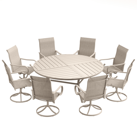 VICLLAX 9-Piece Modern Patio Dining Set, 60/63 inch Round Metal Table with Umbrella Hole and Ergonomic High-back Swivel Rocking Sling Chairs