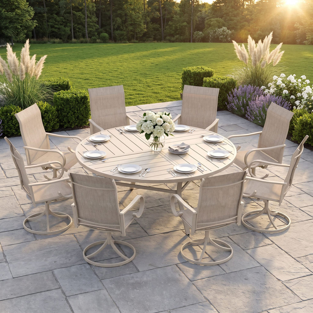 VICLLAX 9-Piece Modern Patio Dining Set, 60/63 inch Round Metal Table with Umbrella Hole and Ergonomic High-back Swivel Rocking Sling Chairs