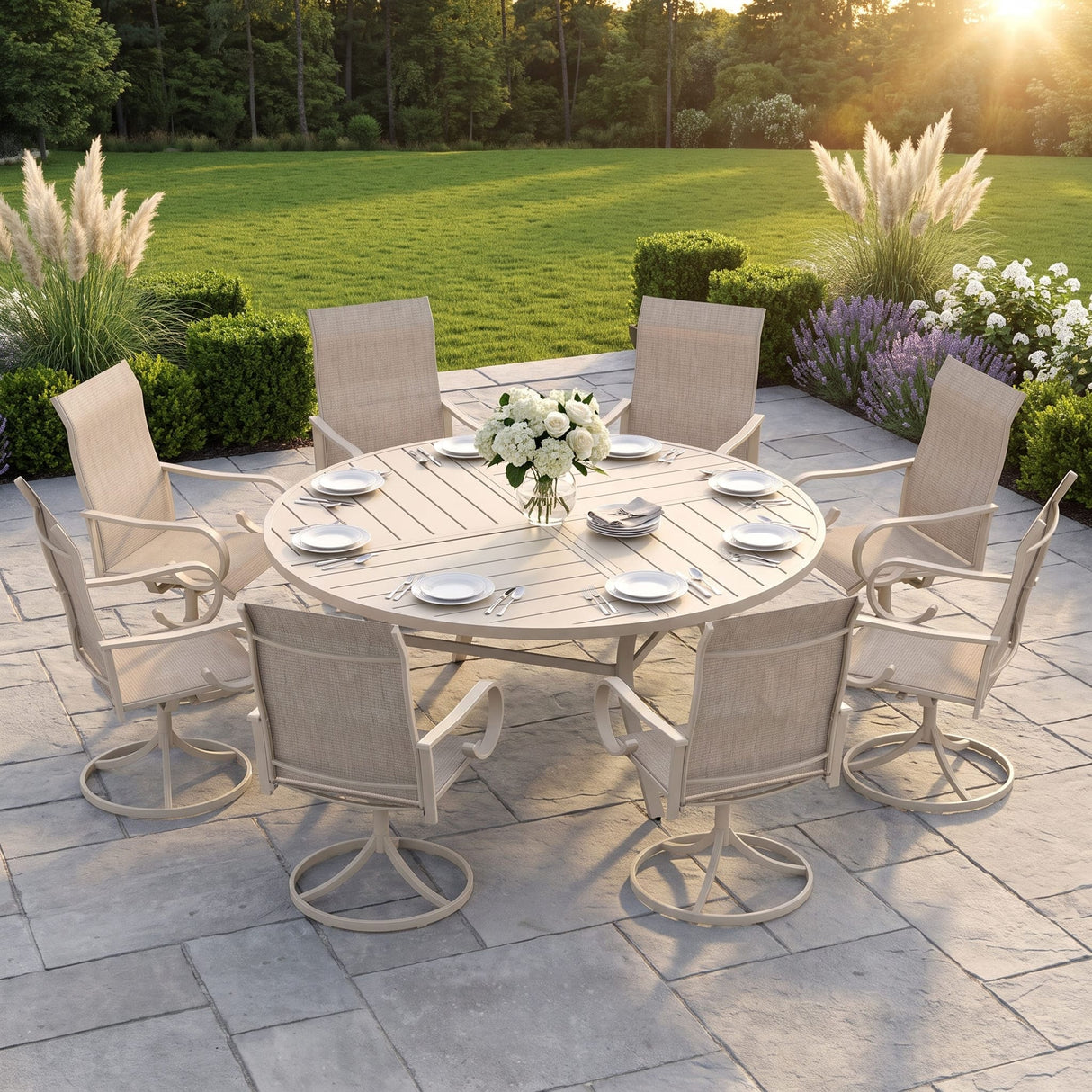 VICLLAX 9-Piece Modern Patio Dining Set, 60/63 inch Round Metal Table with Umbrella Hole and Ergonomic High-back Swivel Rocking Sling Chairs