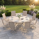 VICLLAX 9-Piece Modern Patio Dining Set, 60/63 inch Round Metal Table with Umbrella Hole and Ergonomic High-back Swivel Rocking Sling Chairs